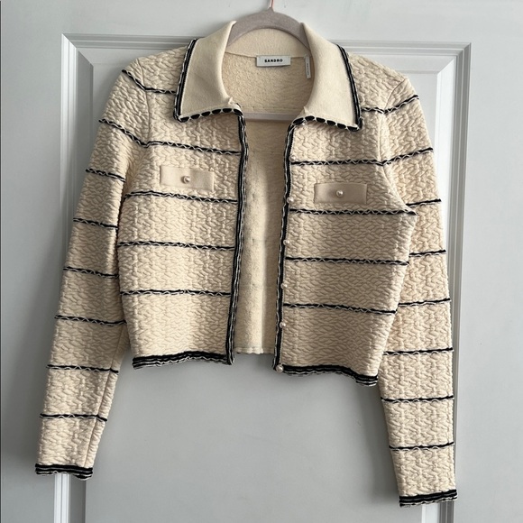 Sandro Paris Infinity jacket, cream knit with pearl buttons Size 2/US Small - Picture 3 of 15